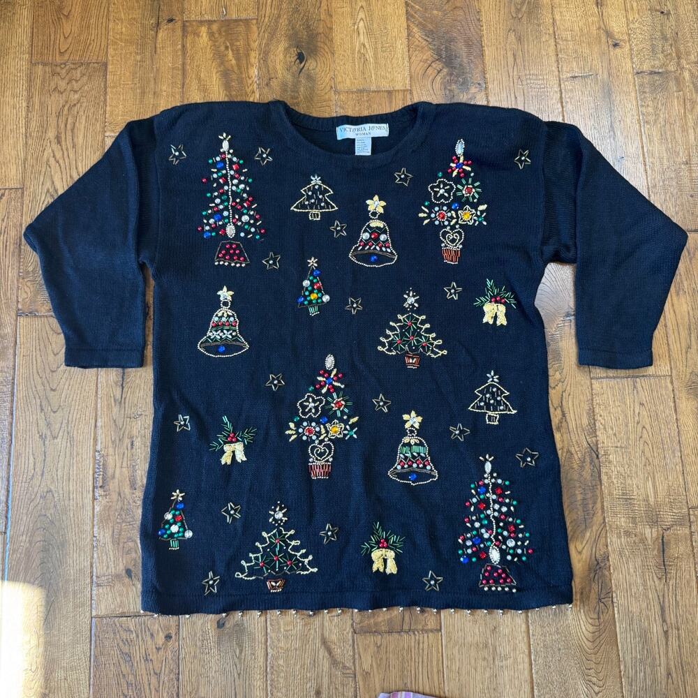 VTG Victoria Jones Christmas Tree Sweater Black Beaded Embroidered Plus Size 1X
